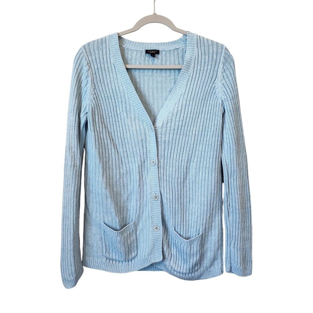 Talbots Womens Light Blue 100% Linen Ribbed Knit Cardigan Sweater Small, Cozy
